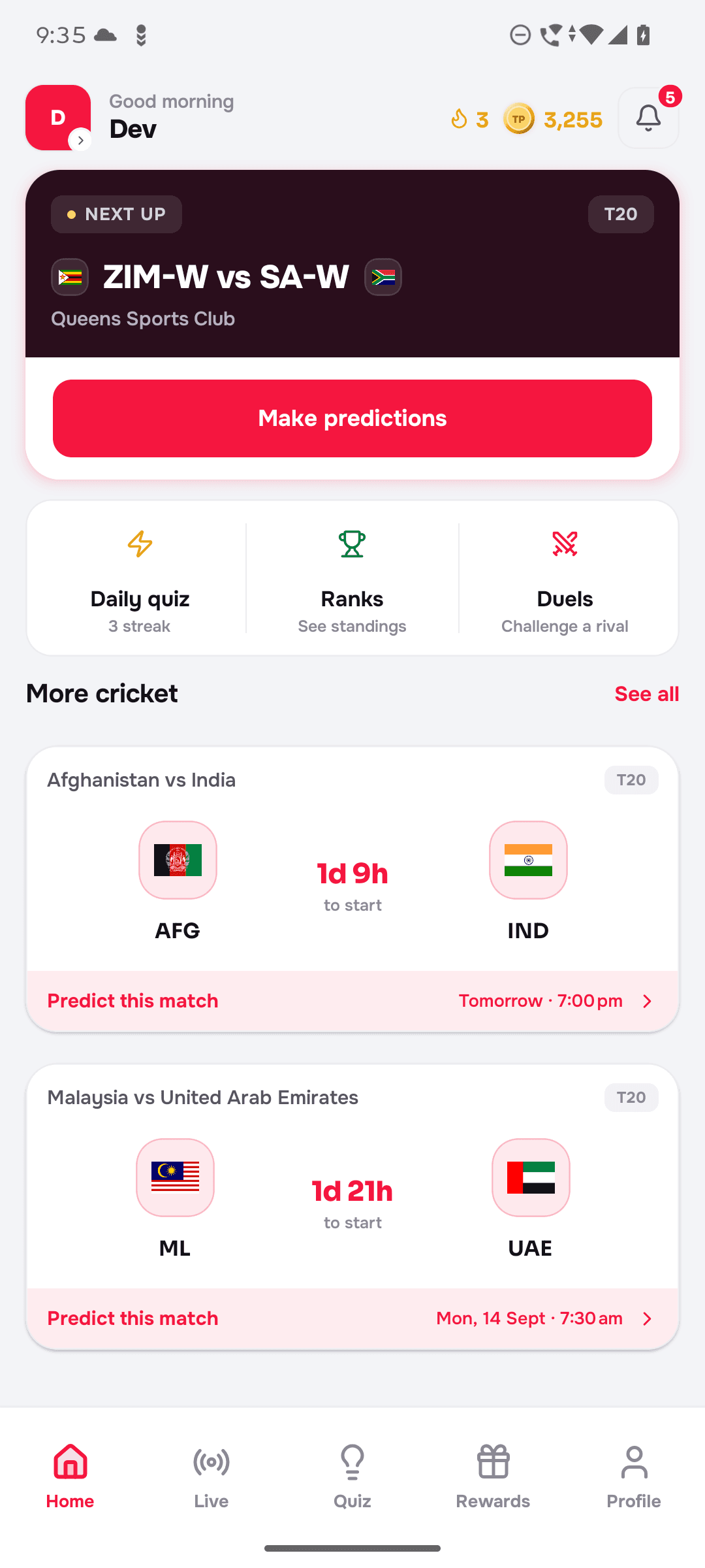 1tappa home screen with live match predictions